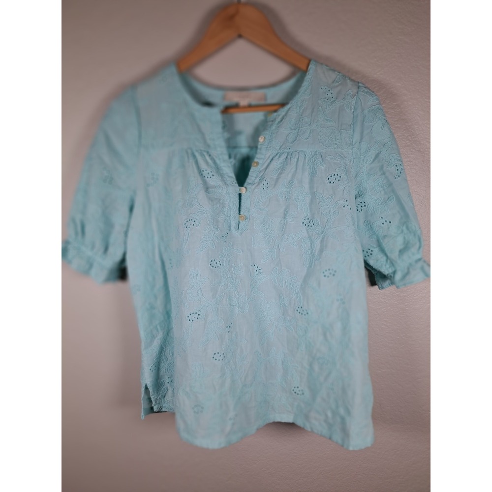 LOFT Women Light Blue Eyelet Embroidered Cotton Blouse Short Puff Sleeve Small